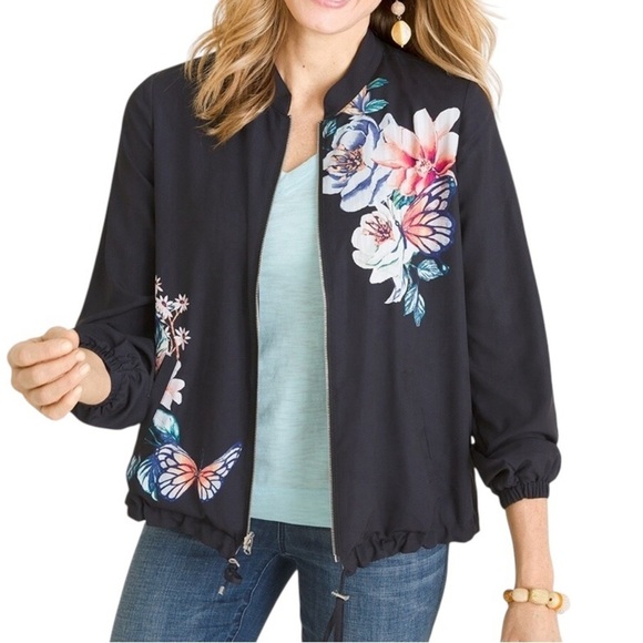 Chico’s Reversible Striped To Butterfly Garden-Print Bomber Jacket Size 1/M/8 - Picture 1 of 7